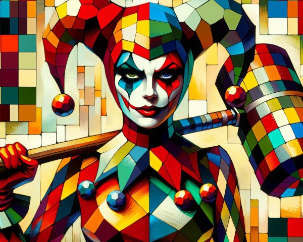 Abstract Jester Figure in Colorful Harlequin Costume