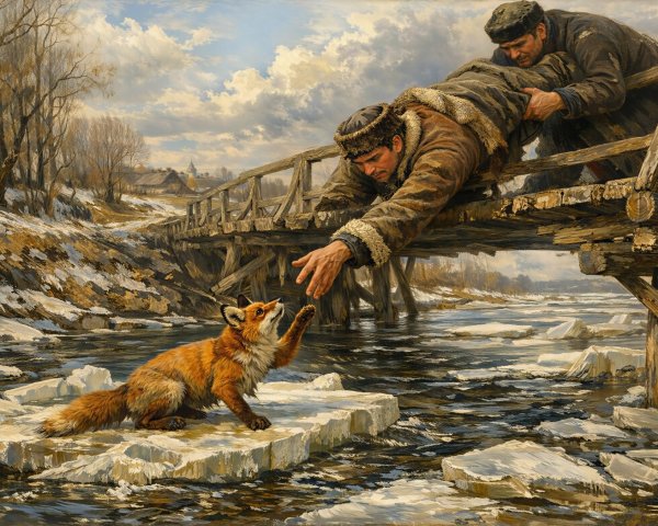 Winter Scene with Man and Fox by a Frozen River