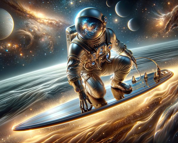 Astronaut on Surfboard in Cosmic Landscape