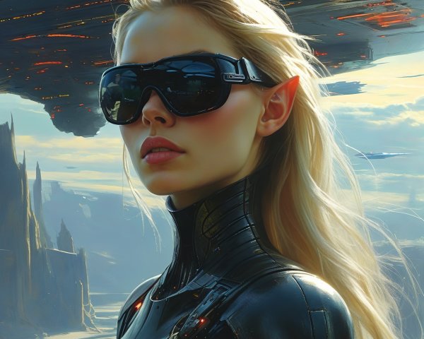 Futuristic landscape with a confident figure and spaceship