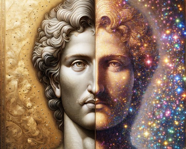 Dual Portrait of Classical Figure and Vibrant Cosmos