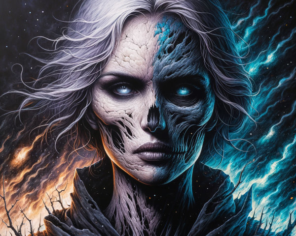 Half-Human, Half-Skeletal Figure in Cosmic Setting