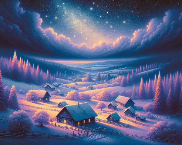 Dreamy Winter Landscape with Cozy Cottages and Snow