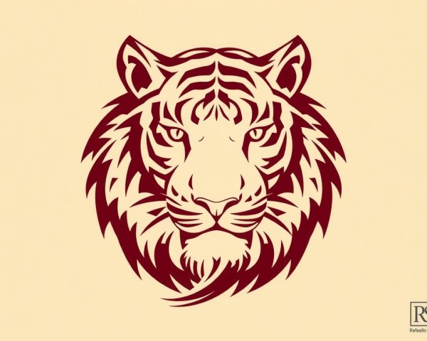 Illustration of a tiger's head in maroon and beige