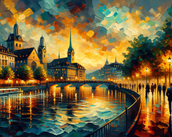 Vibrant cityscape at sunset with historic buildings
