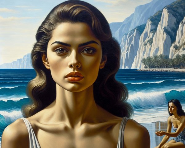 Portrait of a Young Woman by Vibrant Coastal Scene