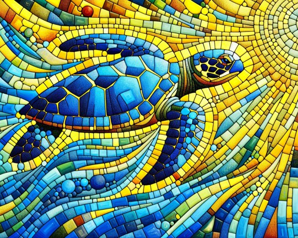 Vibrant Mosaic of Sea Turtle in Flowing Blue Waves