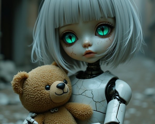 Doll with Human-Robotic Features in Desolate Setting