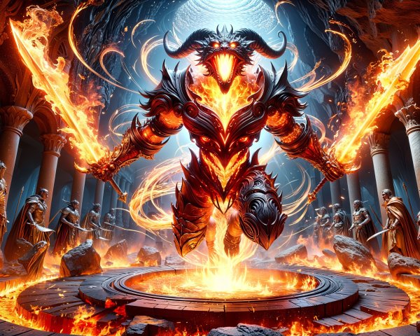 Fiery Figure on Stone Platform Surrounded by Flames