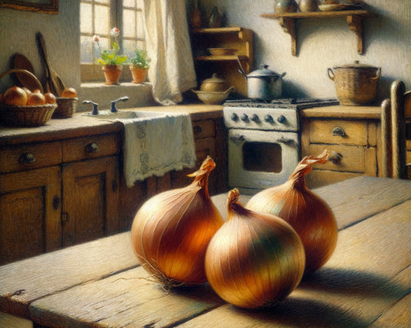 Cozy kitchen with rustic cabinets and fresh onions
