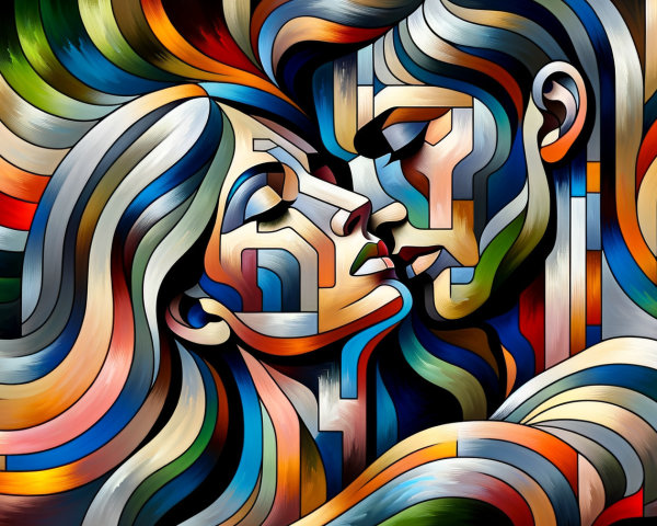 Abstract Painting of Embracing Couple in Bold Colors
