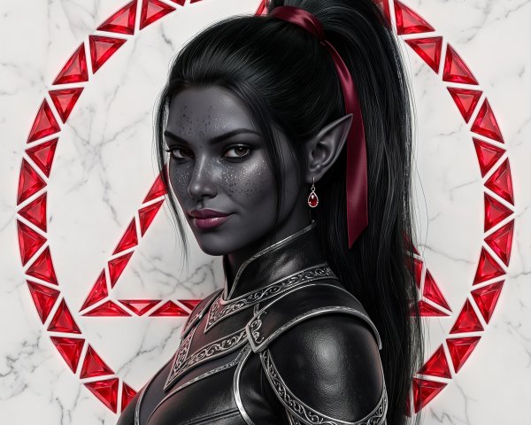 Dark elf woman with gray skin and intricate outfit