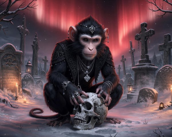 Gothic Monkey in Snowy Graveyard at Dusk
