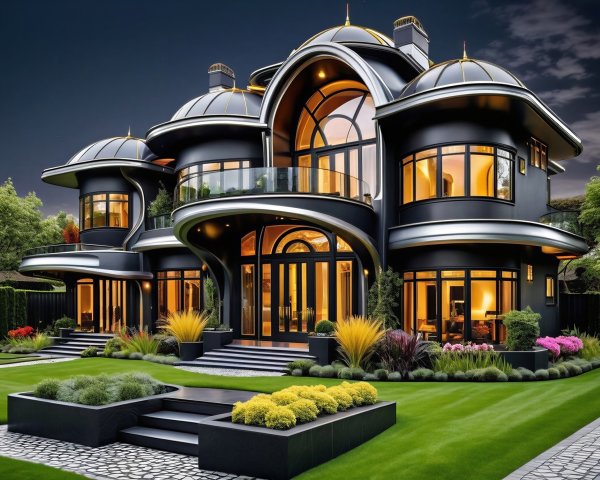 Modern Mansion with Curved Black Façades and Domes