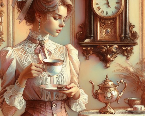Art Nouveau Scene Featuring Elegant Woman with Teacup