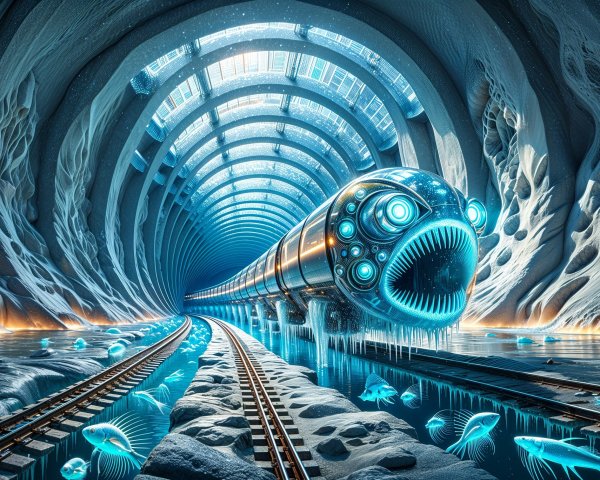 Futuristic tunnel with glowing creature and aquatic theme