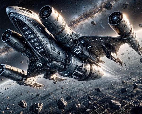 Futuristic spaceship navigating through a starry galaxy
