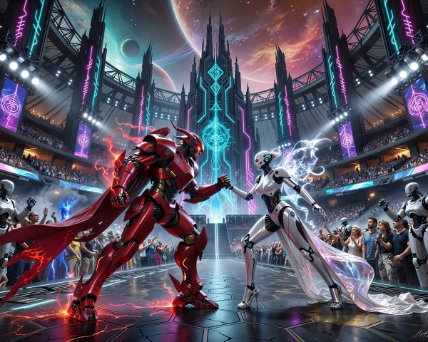 Futuristic robots in cosmic stadium handshake scene