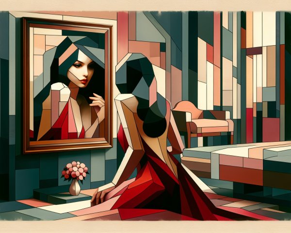 Woman in Red Dress in Abstract Living Space Artwork