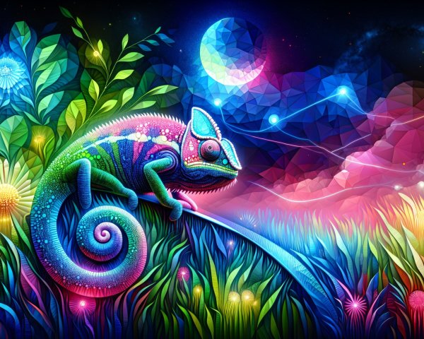 Vibrant Chameleon in Surreal Colorful Landscape