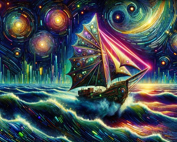 Vibrant Ship Sailing Through Colorful Dreamlike Waves