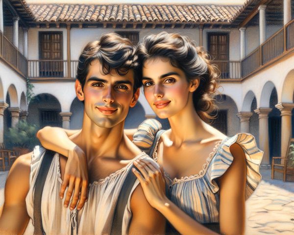 Young couple in sunlit courtyard with arches and tiles