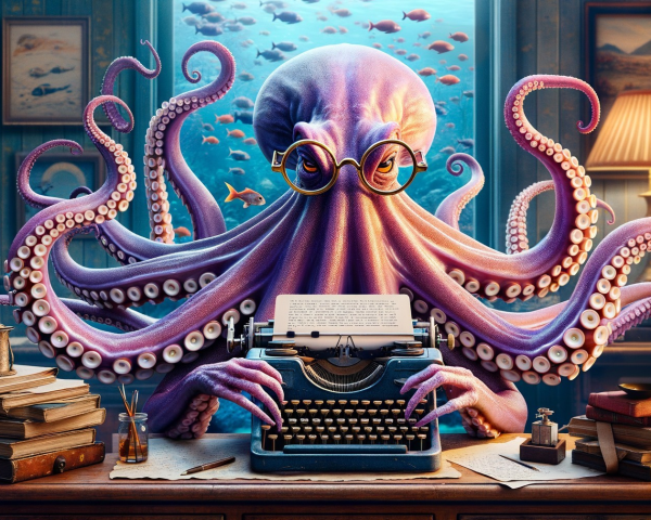 Colorful Octopus at Typewriter in Cozy Study Scene