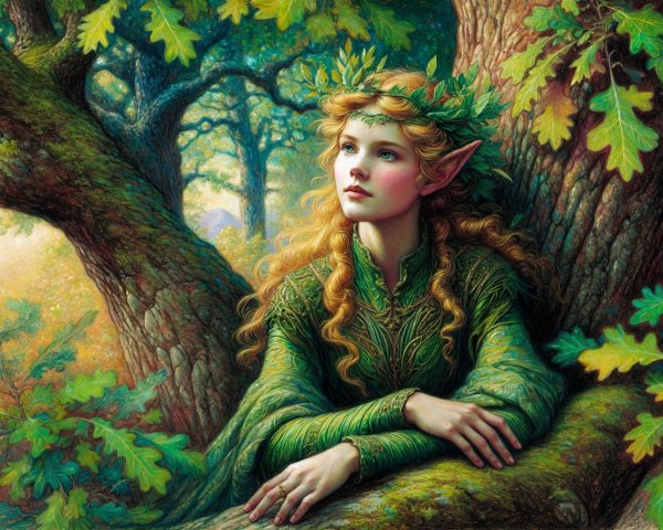 Serene Elf in Ancient Oak Tree in Enchanted Forest