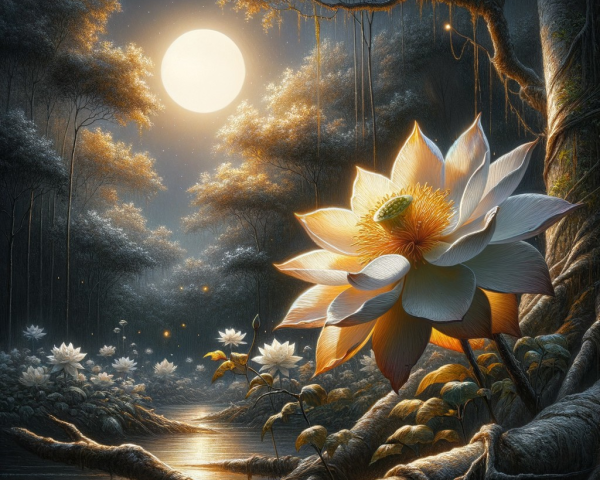 Ethereal Night Scene with Glowing Lotus Flower