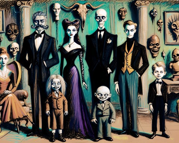 Gothic Family Portrait with Cartoonish Characters