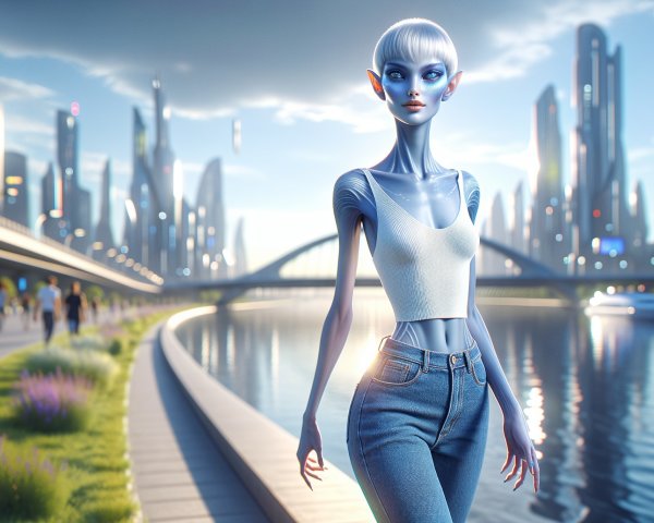 Futuristic cityscape with alien figure and lively waterfront