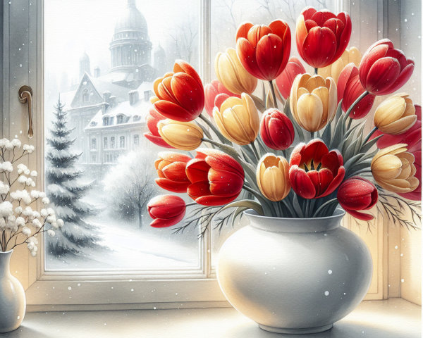 Vibrant Tulips in Vase Against Wintery Snow Scene