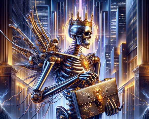 Futuristic Skeleton with Crown in Neon Cityscape