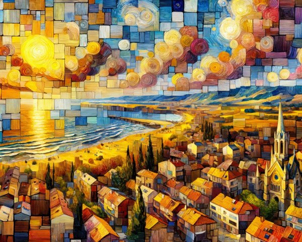 Vibrant Coastal Town Landscape at Sunset