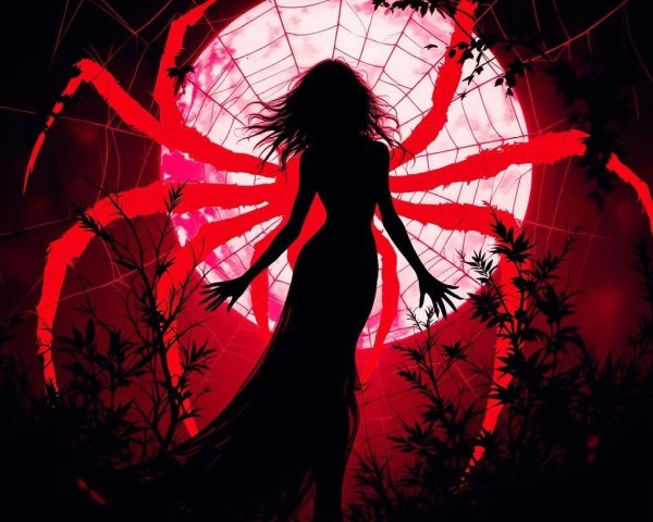 Silhouette of Woman with Spider and Red Moon Background