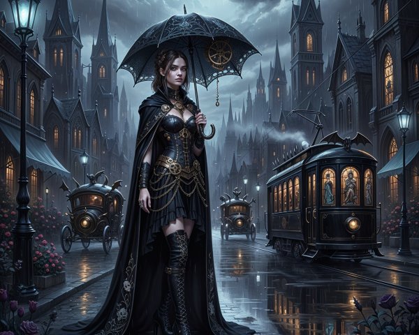Gothic Woman with Umbrella in Rainy Cityscape