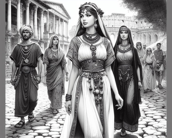 Elegant Figures in Historic Cobblestone Street Scene