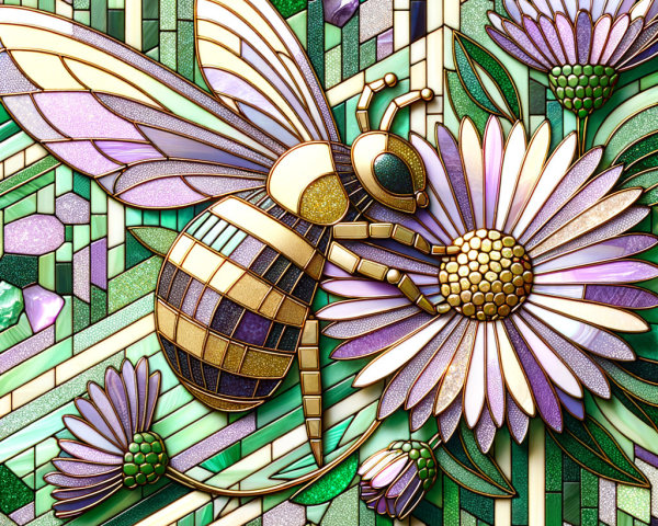 Intricate Stained Glass Design of Bee and Daisy
