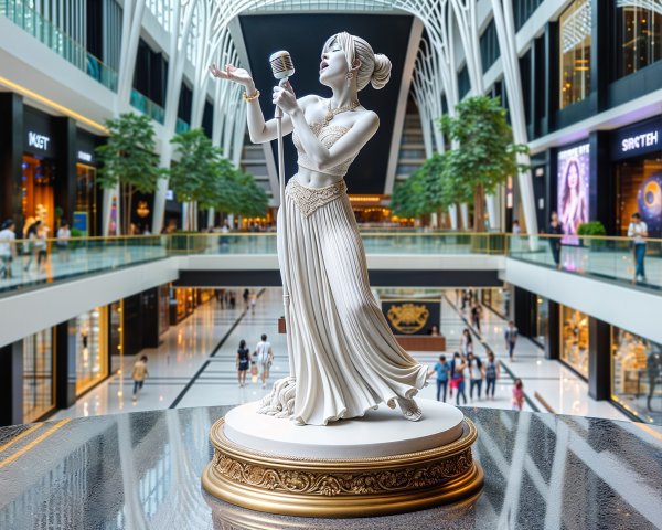 White Statue of Woman in Modern Shopping Mall Atrium