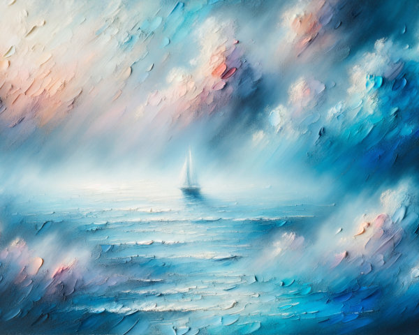 Serene seascape with sailboat in misty waters