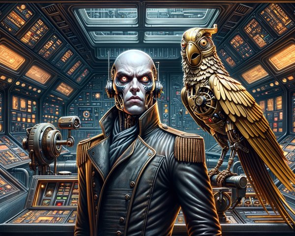 Futuristic Control Room with Humanoid and Robotic Owl