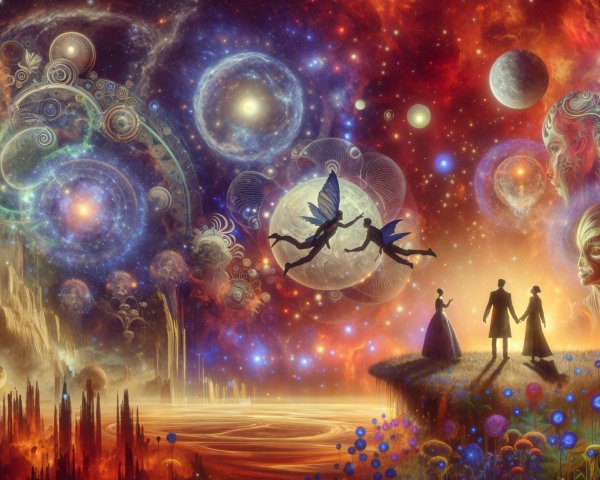 Cosmic Landscape with Galaxies and Ethereal Figures