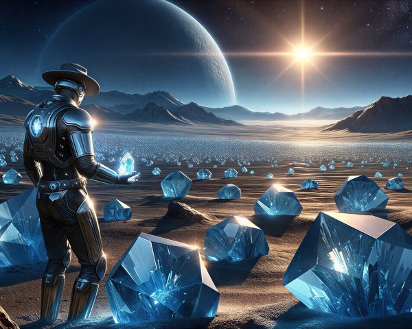 Futuristic Landscape with Figure and Blue Crystals