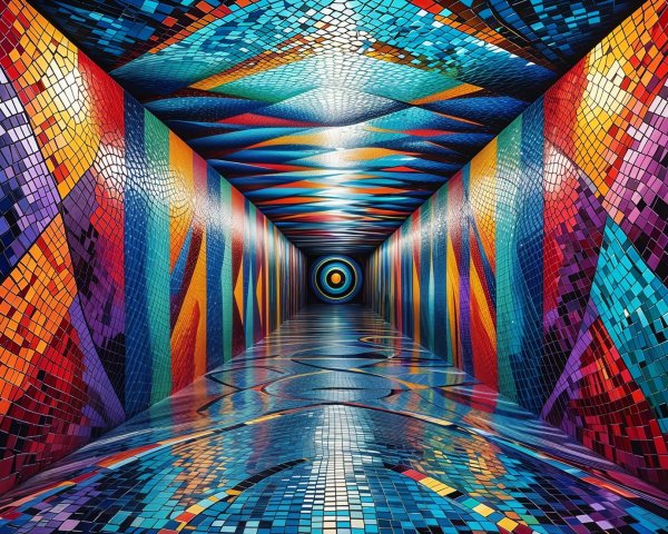 Vibrant Hallway with Colorful Mosaic and Patterns