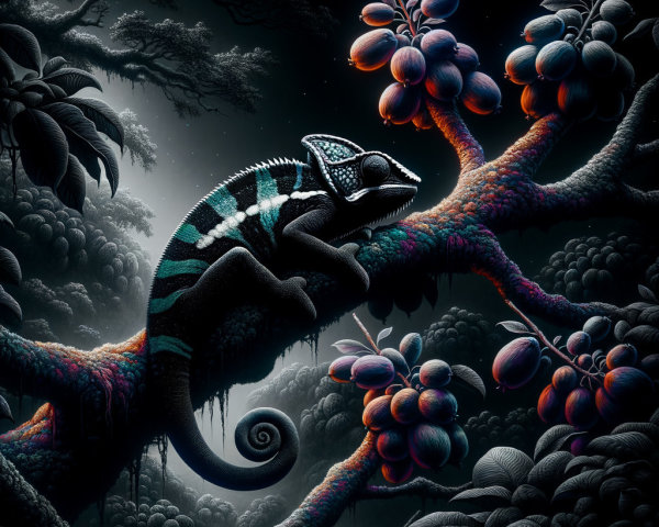 Chameleon on Twisted Branch in Surreal Rainforest