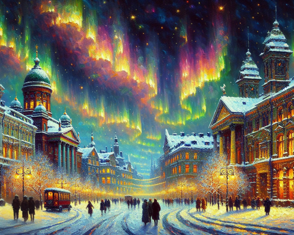 Winter Street Scene with Snow-Covered Buildings and Auroras