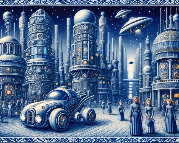 Futuristic cityscape with art deco and sci-fi elements
