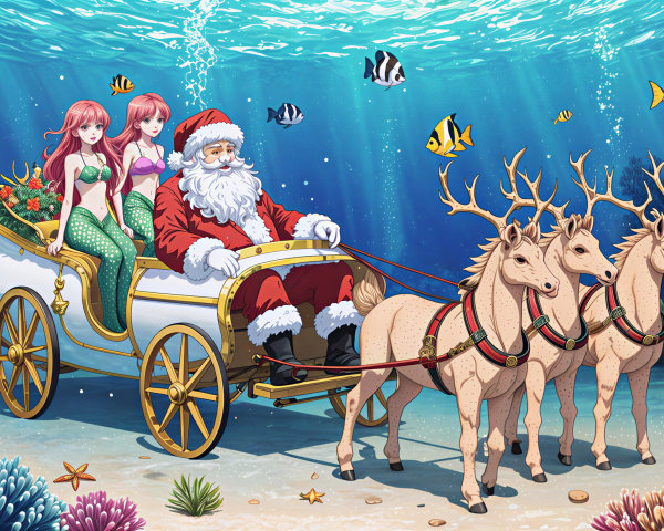 Underwater Holiday Scene with Santa and Mermaids