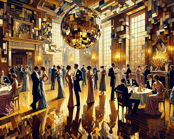 Elegant Ballroom Party with Opulent Decor and Guests