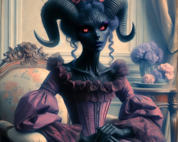 Fantastical Figure in Lavish Room with Floral Accents